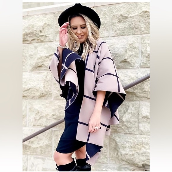 Jackets & Blazers - Chic Brown Checkered  Reversible OS Open Poncho